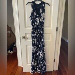 Leslie Fay Navy and White Floral Wrap Maxi Dress